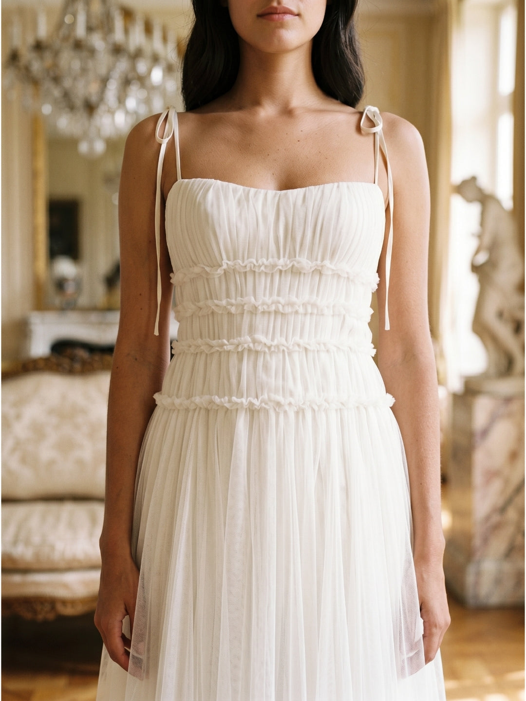 Ivory Tulle A-Line Square Neck Backless Floor-Length Bridesmaid Dress with Pleated Touch - Curvevia