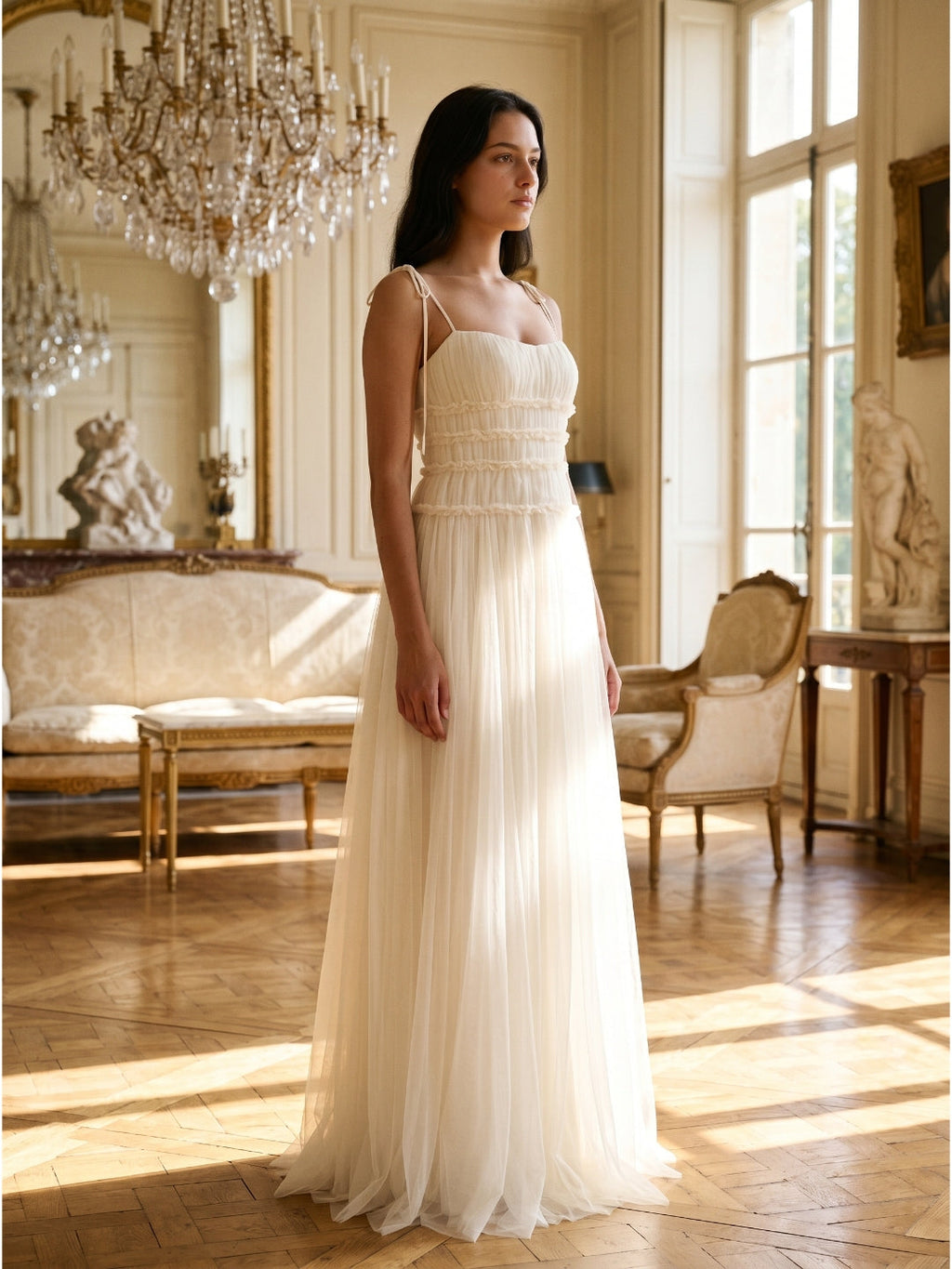Ivory Tulle A-Line Square Neck Backless Floor-Length Bridesmaid Dress with Pleated Touch - Curvevia