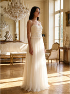 Ivory Tulle A-Line Square Neck Backless Floor-Length Bridesmaid Dress with Pleated Touch - Curvevia