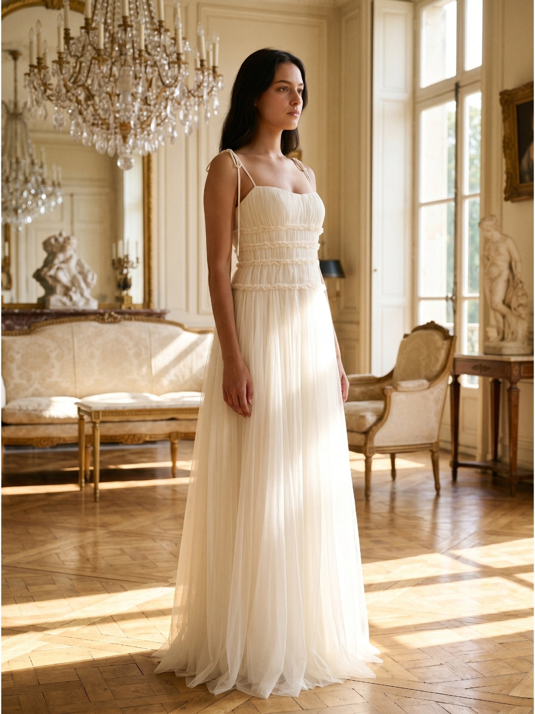 Ivory Tulle A-Line Square Neck Backless Floor-Length Bridesmaid Dress with Pleated Touch - Curvevia