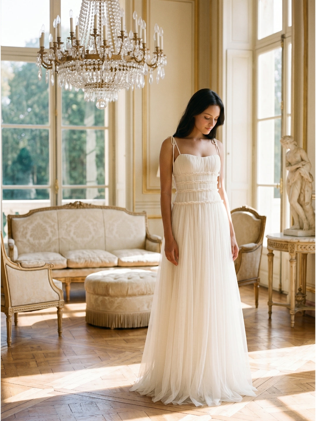 Ivory Tulle A-Line Square Neck Backless Floor-Length Bridesmaid Dress with Pleated Touch - Curvevia