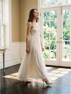 Ivory Tulle A-Line Sweetheart Back Zip Floor-Length Bridesmaid Dress with Pleated Bodice - Curvevia