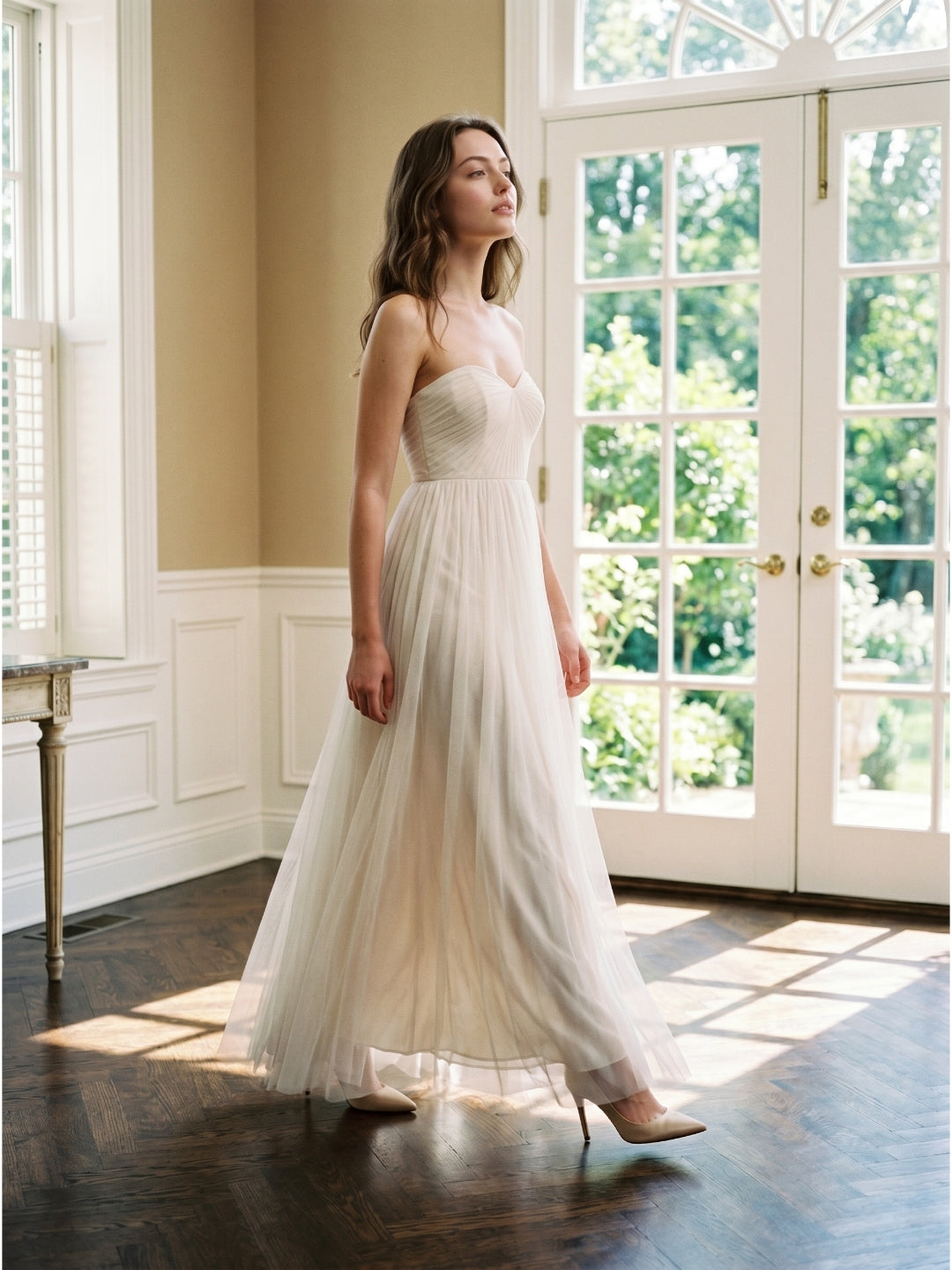 Ivory Tulle A-Line Sweetheart Back Zip Floor-Length Bridesmaid Dress with Pleated Bodice - Curvevia