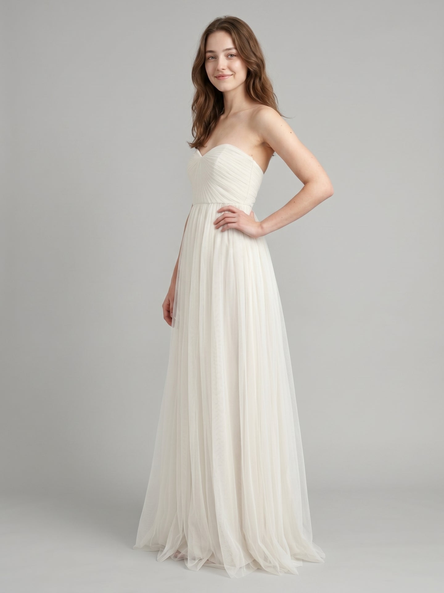 Ivory Tulle A-Line Sweetheart Back Zip Floor-Length Bridesmaid Dress with Pleated Bodice - Curvevia