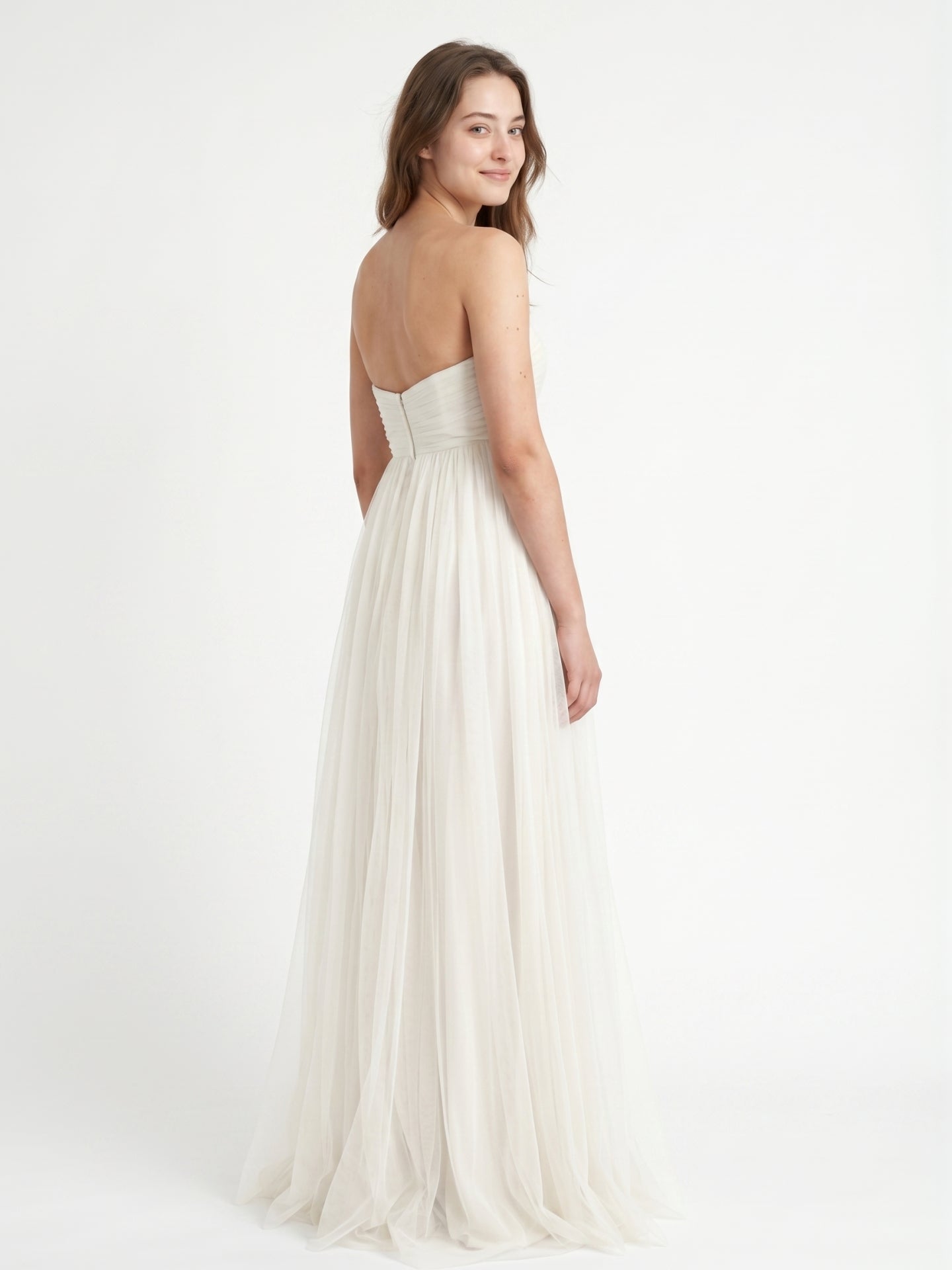 Ivory Tulle A-Line Sweetheart Back Zip Floor-Length Bridesmaid Dress with Pleated Bodice - Curvevia