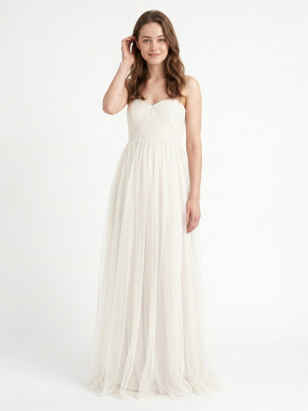 Ivory Tulle A-Line Sweetheart Back Zip Floor-Length Bridesmaid Dress with Pleated Bodice - Curvevia