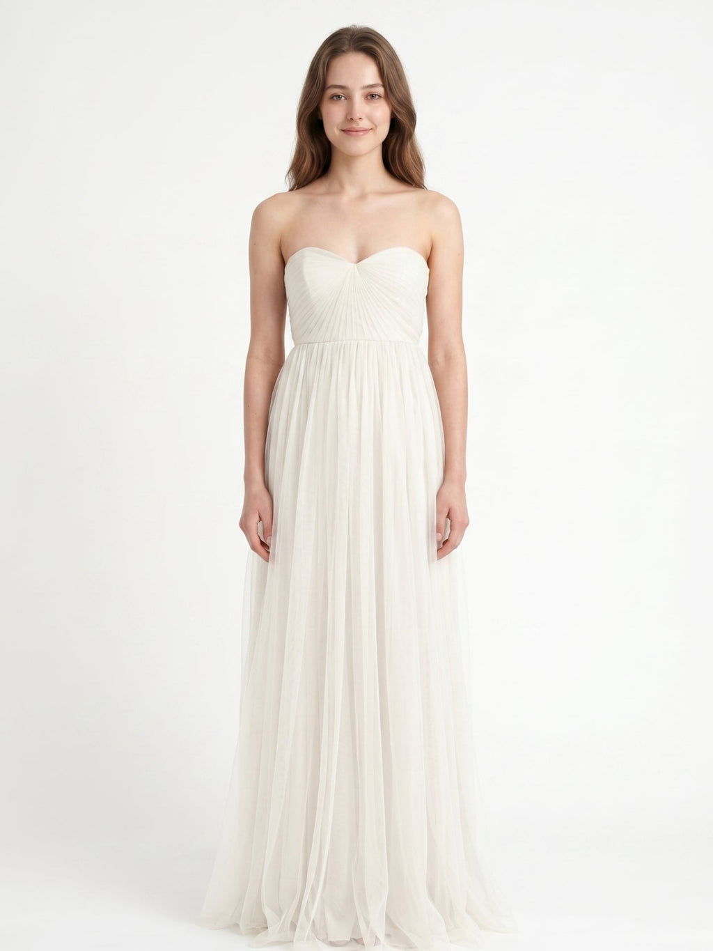 Ivory Tulle A-Line Sweetheart Back Zip Floor-Length Bridesmaid Dress with Pleated Bodice - Curvevia