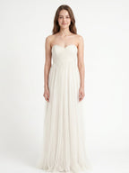 Ivory Tulle A-Line Sweetheart Back Zip Floor-Length Bridesmaid Dress with Pleated Bodice - Curvevia