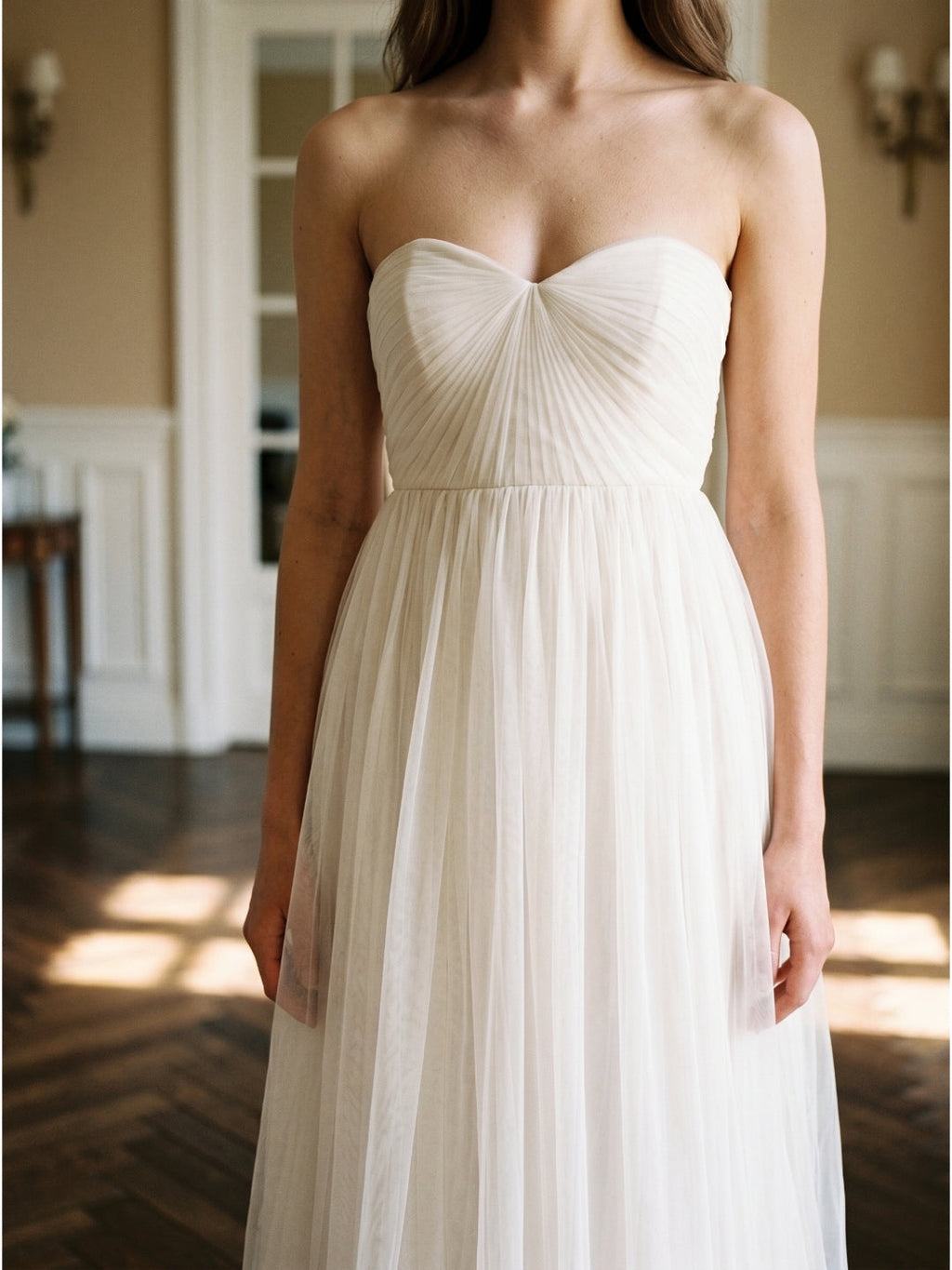Ivory Tulle A-Line Sweetheart Back Zip Floor-Length Bridesmaid Dress with Pleated Bodice - Curvevia