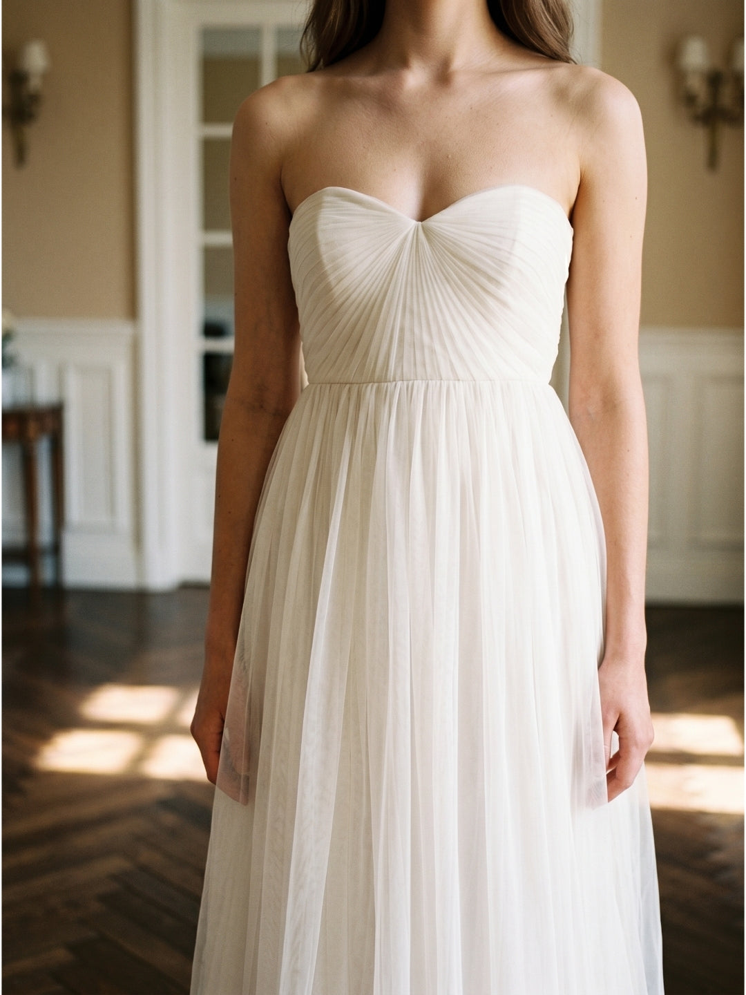 Ivory Tulle A-Line Sweetheart Back Zip Floor-Length Bridesmaid Dress with Pleated Bodice - Curvevia