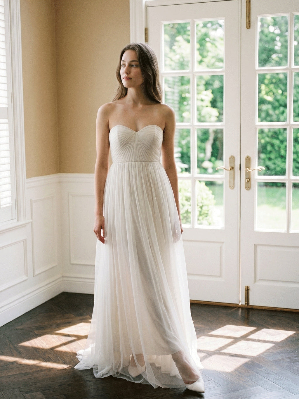 Ivory Tulle A-Line Sweetheart Back Zip Floor-Length Bridesmaid Dress with Pleated Bodice - Curvevia