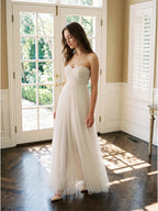 Ivory Tulle A-Line Sweetheart Back Zip Floor-Length Bridesmaid Dress with Pleated Bodice - Curvevia