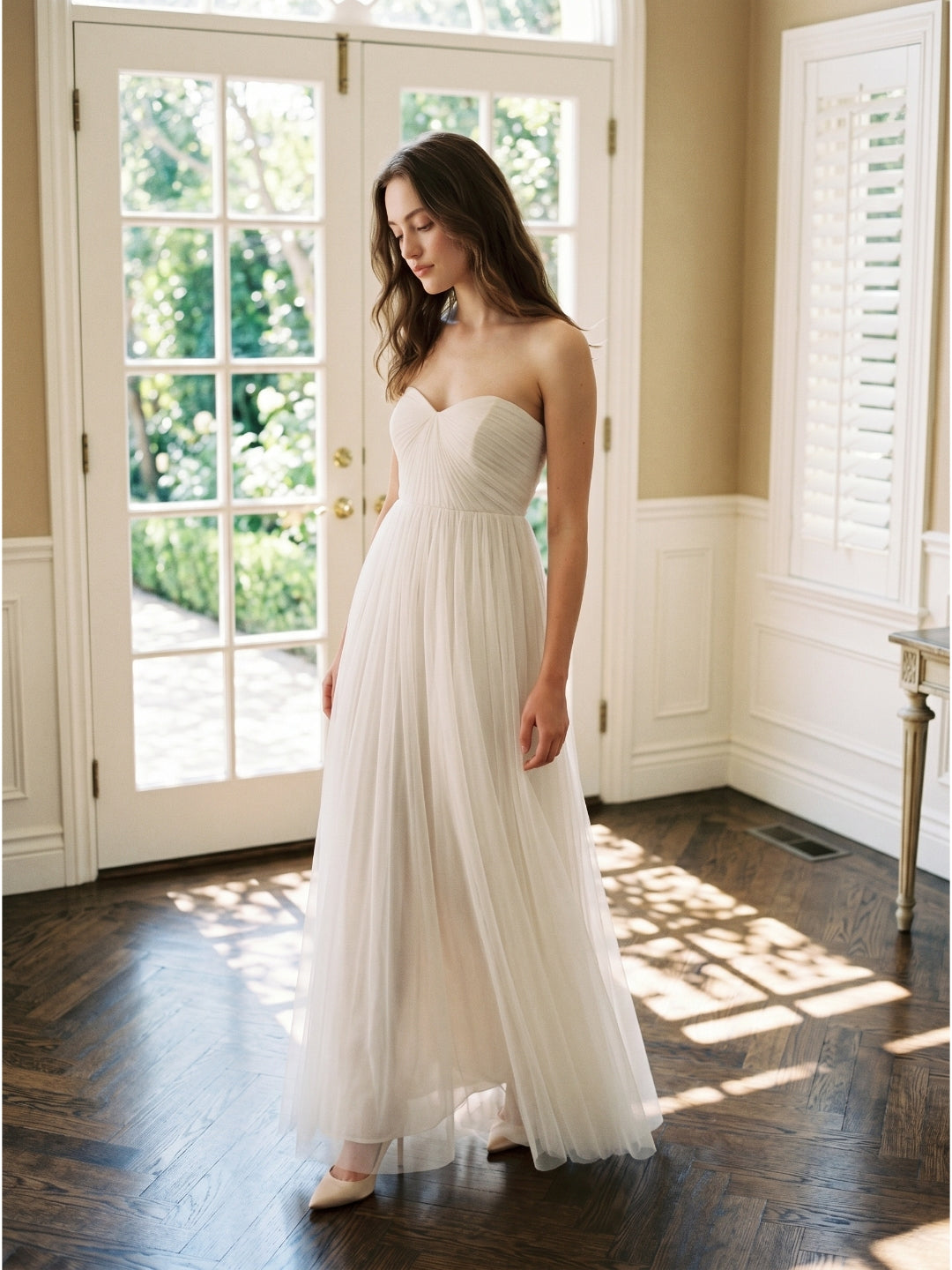 Ivory Tulle A-Line Sweetheart Back Zip Floor-Length Bridesmaid Dress with Pleated Bodice - Curvevia