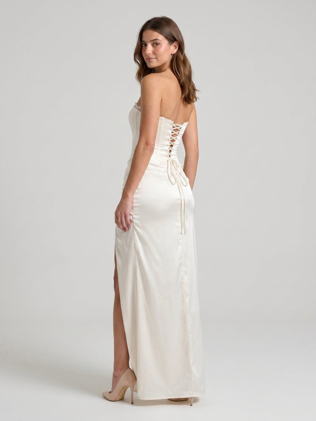 Ivory Satin Sheath Straight Neck Lace-Up Back Floor-Length Pleated Evening Gown - Curvevia