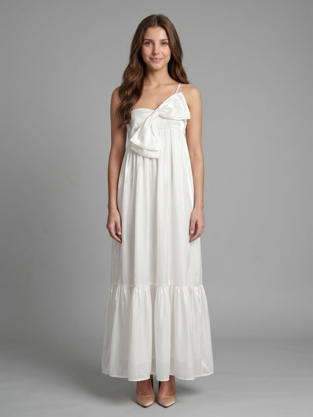 Ivory satin A-Line One Shoulder Backless Floor-Length Bridesmaid Dress with Bow - Curvevia