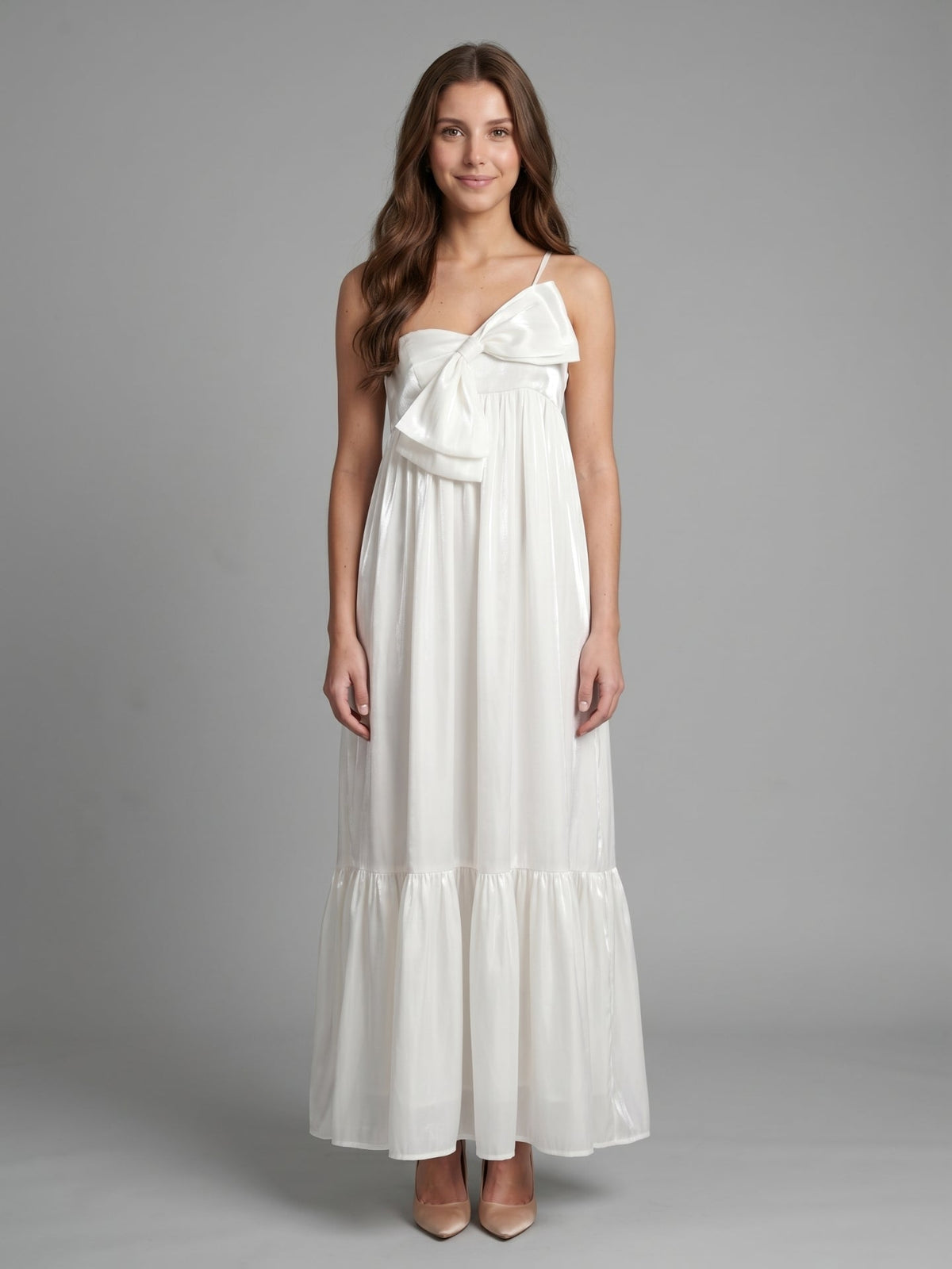 Ivory satin A-Line One Shoulder Backless Floor-Length Bridesmaid Dress with Bow - Curvevia