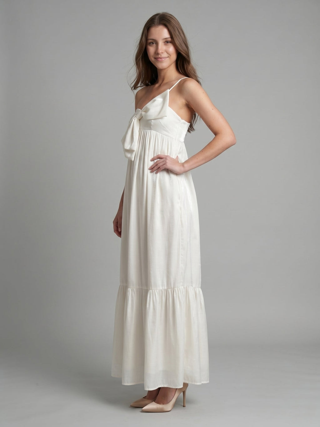 Ivory satin A-Line One Shoulder Backless Floor-Length Bridesmaid Dress with Bow - Curvevia
