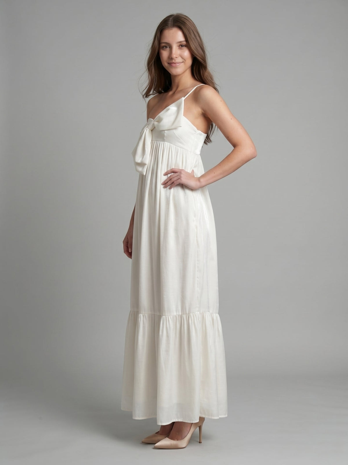 Ivory satin A-Line One Shoulder Backless Floor-Length Bridesmaid Dress with Bow - Curvevia