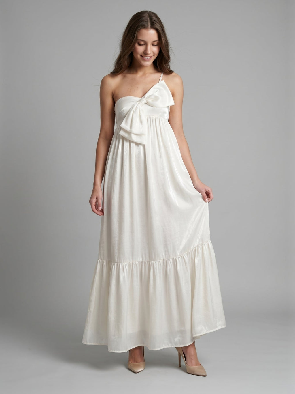 Ivory satin A-Line One Shoulder Backless Floor-Length Bridesmaid Dress with Bow - Curvevia