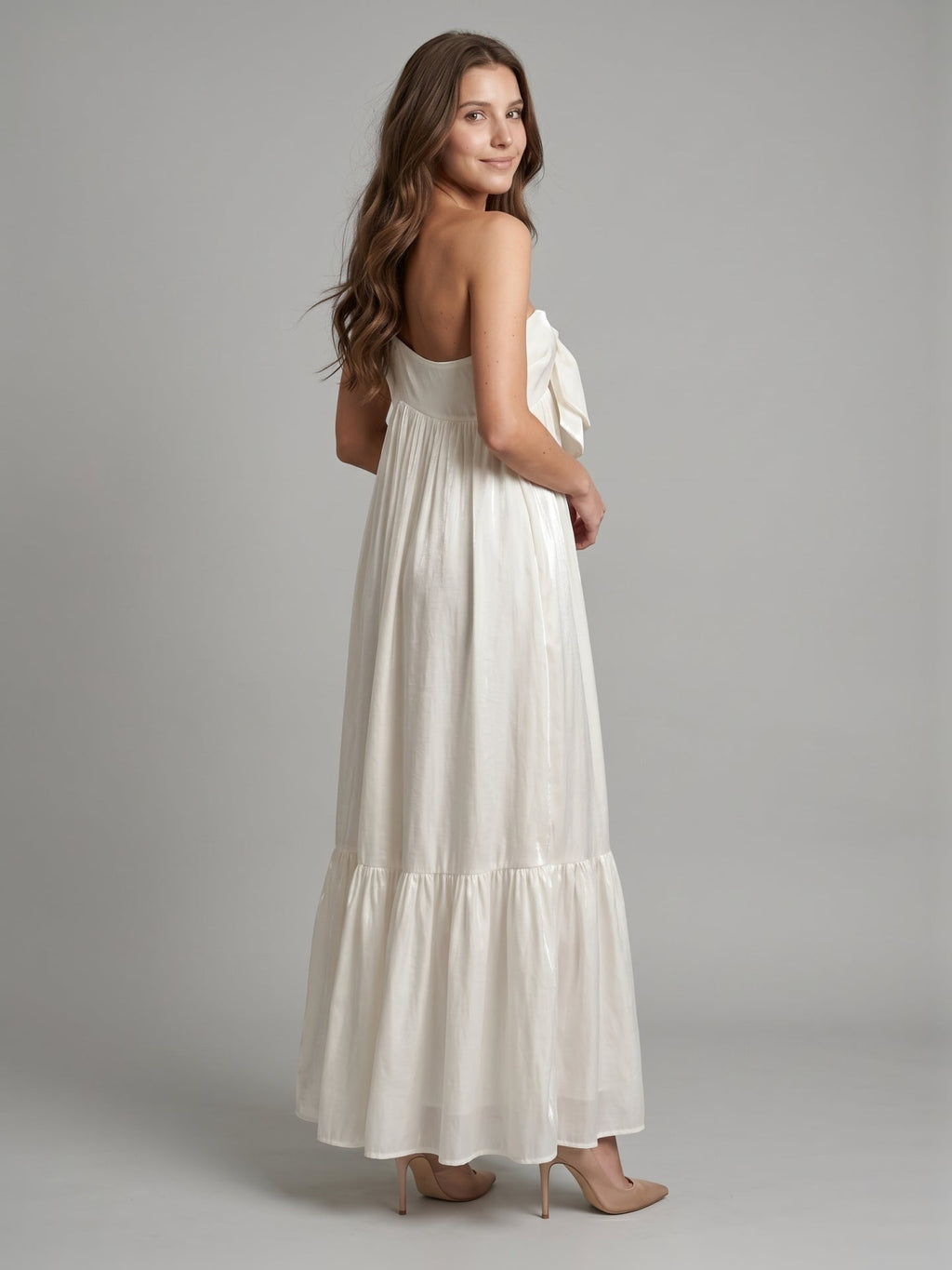 Ivory satin A-Line One Shoulder Backless Floor-Length Bridesmaid Dress with Bow - Curvevia