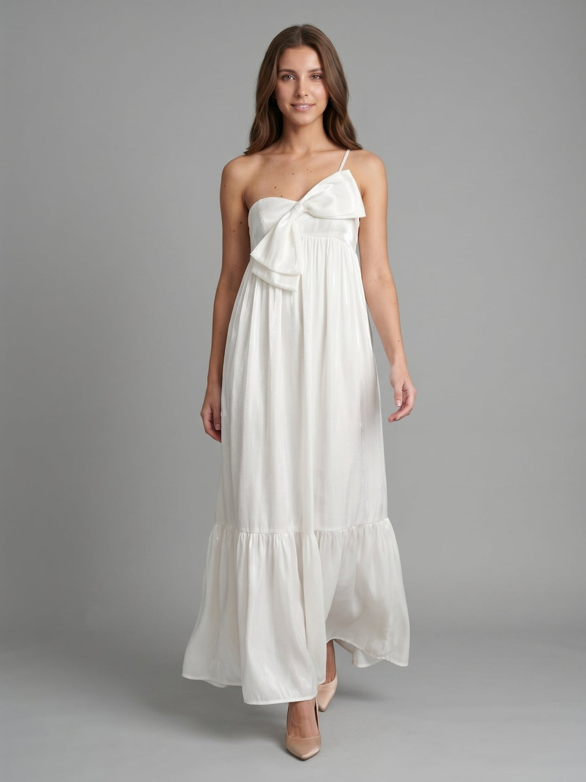 Ivory satin A-Line One Shoulder Backless Floor-Length Bridesmaid Dress with Bow - Curvevia
