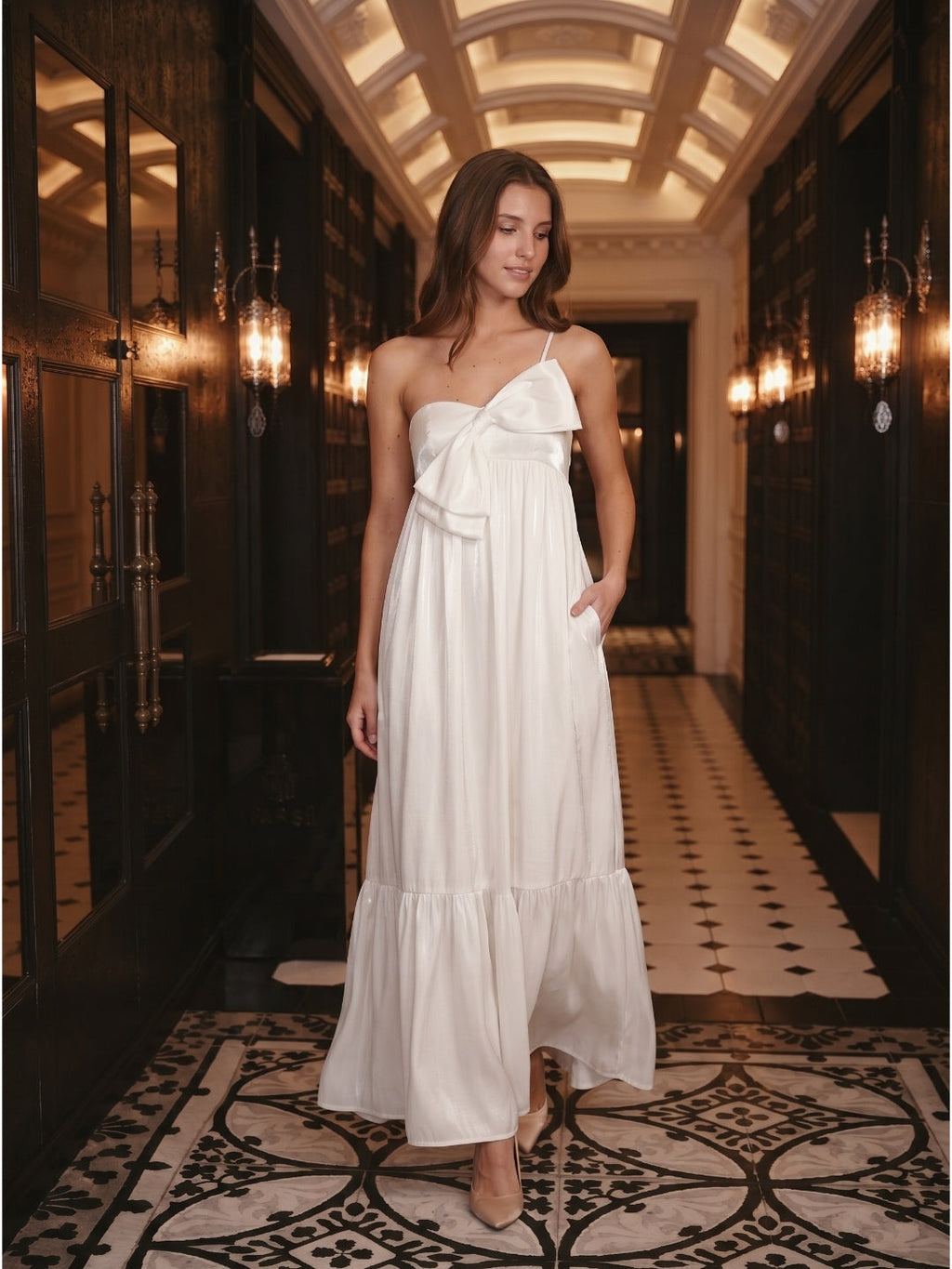 Ivory satin A-Line One Shoulder Backless Floor-Length Bridesmaid Dress with Bow - Curvevia