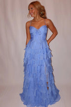 A Line Spaghetti Straps Yellow Long Evening Dress with Ruffles - Curvevia
