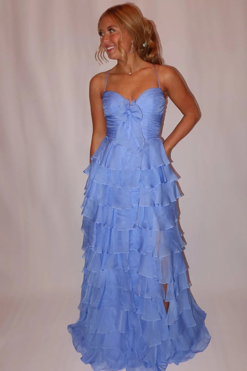 A Line Spaghetti Straps Yellow Long Evening Dress with Ruffles - Curvevia