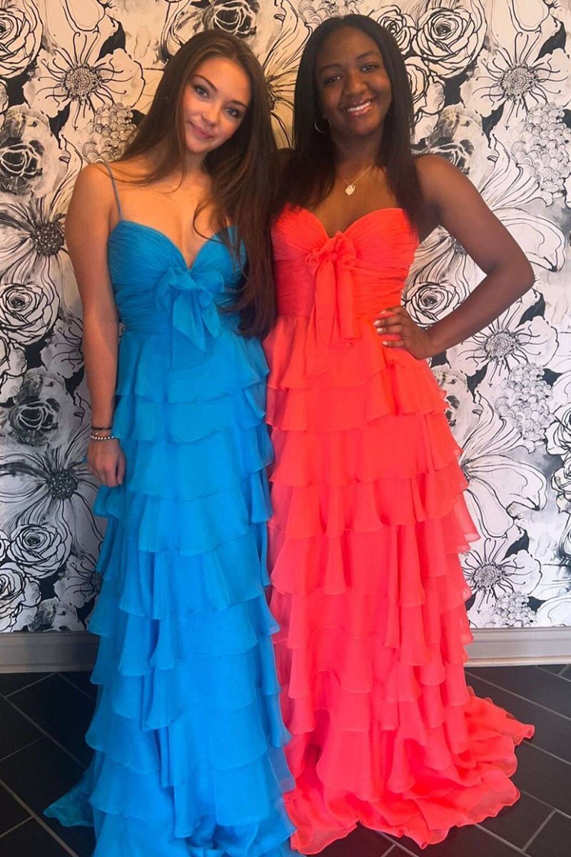 A Line Spaghetti Straps Yellow Long Evening Dress with Ruffles - Curvevia