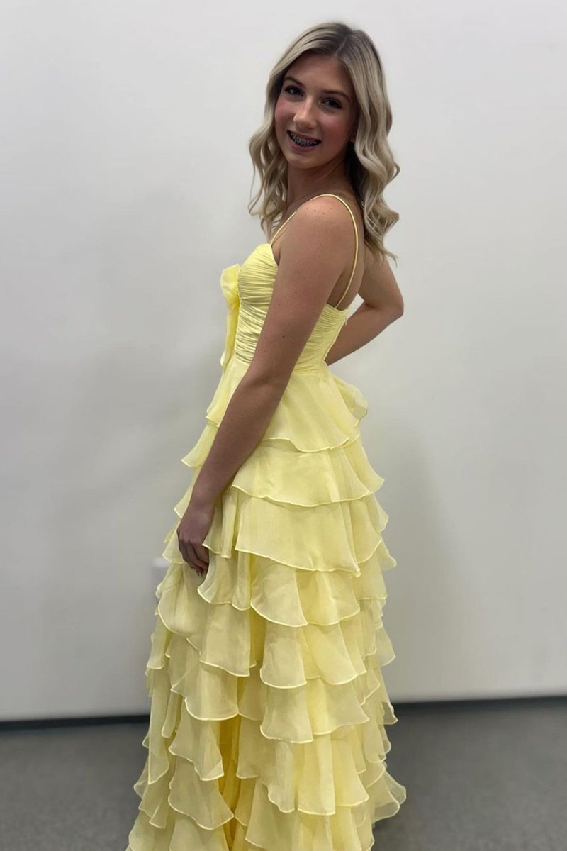 A Line Spaghetti Straps Yellow Long Evening Dress with Ruffles - Curvevia