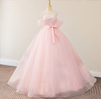 Pink A Line Tulle Off The Shoulder Floor-Length Quinceanera Dresses with Sashes - Curvevia