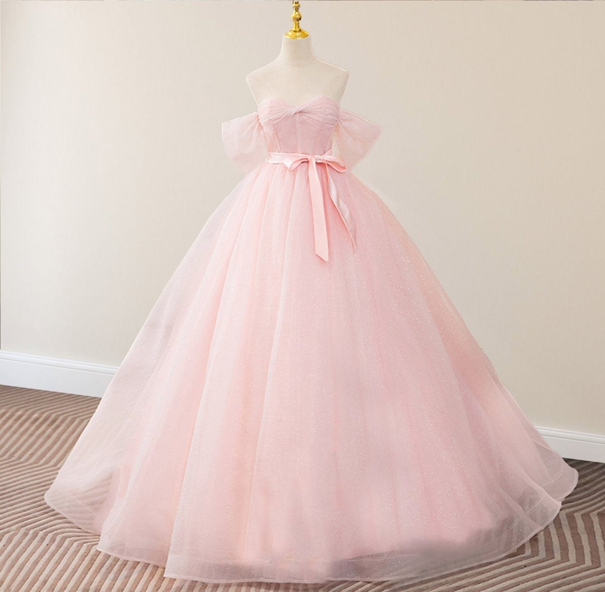 Pink A Line Tulle Off The Shoulder Floor-Length Quinceanera Dresses with Sashes - Curvevia