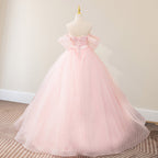 Pink A Line Tulle Off The Shoulder Floor-Length Quinceanera Dresses with Sashes - Curvevia