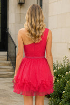 One-Shoulder Beaded Ruffle Wedding Guest Dress in Blue - Curvevia