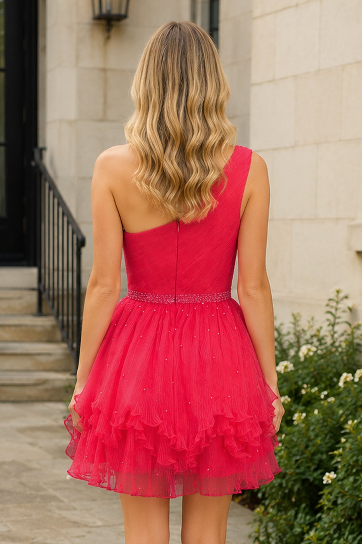 One-Shoulder Beaded Ruffle Wedding Guest Dress in Blue - Curvevia
