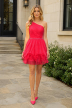One-Shoulder Beaded Ruffle Wedding Guest Dress in Blue - Curvevia