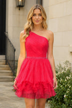 One-Shoulder Beaded Ruffle Wedding Guest Dress in Blue - Curvevia