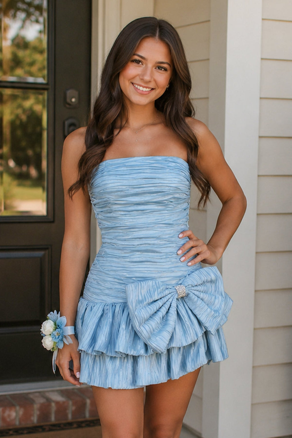 Sky Blue A Line Strapless Pleats Short Homecoming Dress with Bow - Curvevia