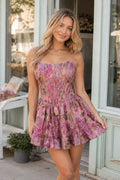 Purple Strapless A-Line Floral Wedding Guest Dress - Curvevia