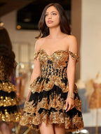 Navy Blue A-Line Sweetheart Tiered Short Homecoming Dresses - Curvevia