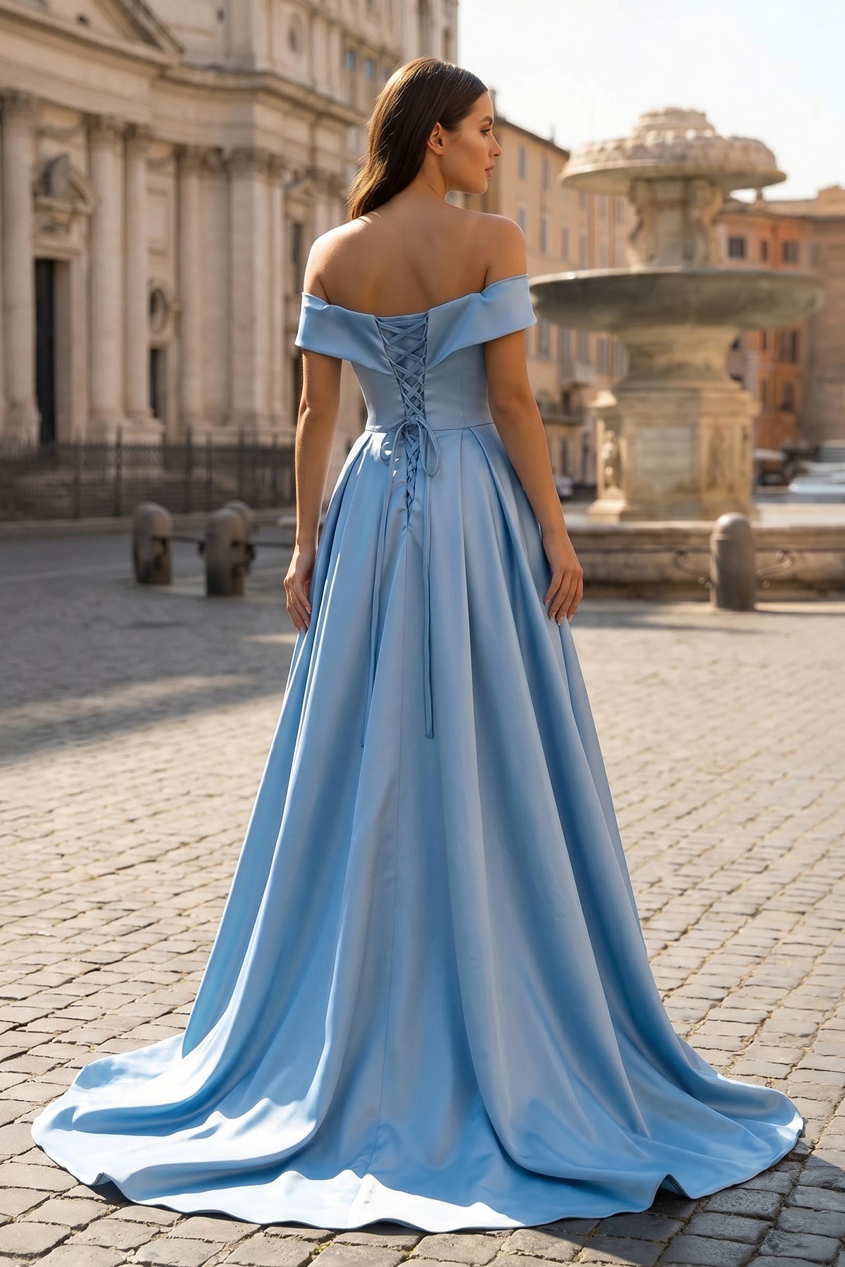 Off Shoulder Wedding Guest Dress Long Satin Formal Gowns with Slit - Curvevia