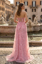 Pink Strapless 3D Floral High Slit Mermaid Long Prom Dress - Curvevia