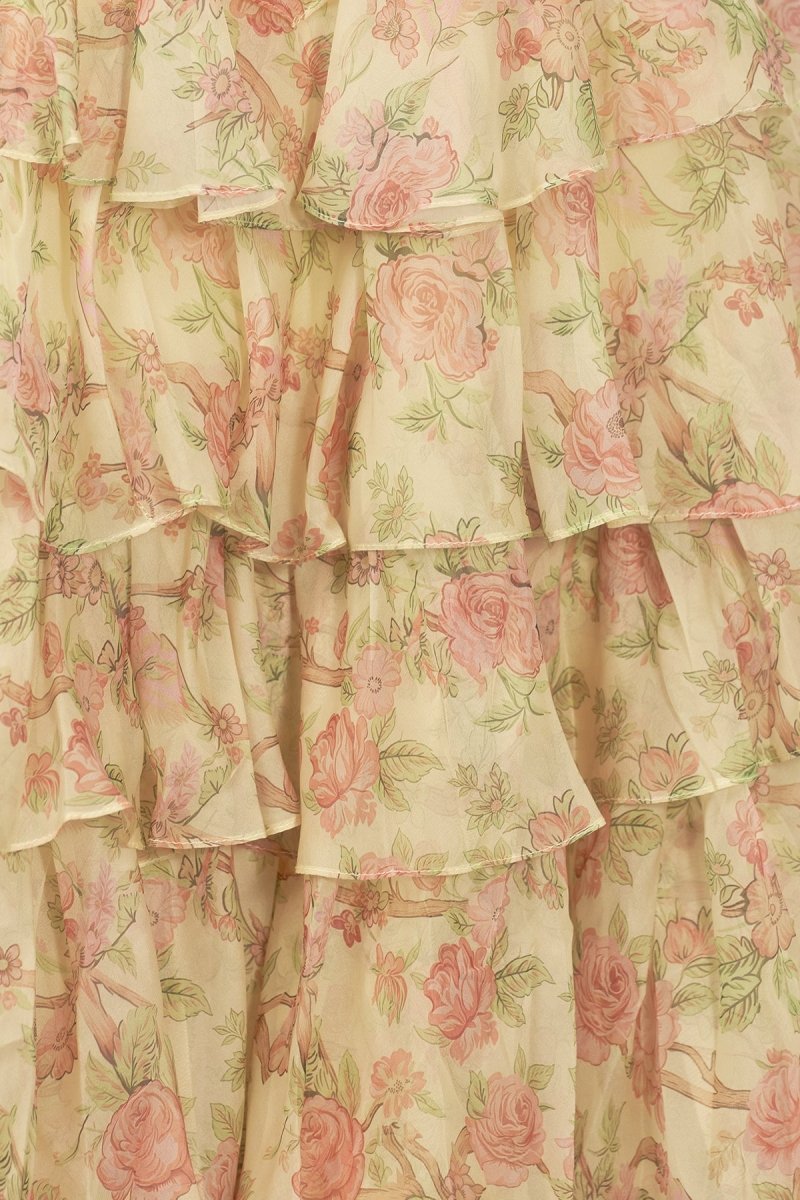 Yellow Strapless A Line Floral Chiffon Ruffled Wedding Guest Dress With Beading - Curvevia