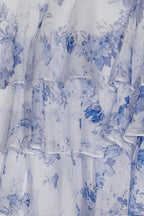 Blue Sweetheart A Line Floral Chiffon Ruffled Wedding Guest Dress With Appliques - Curvevia