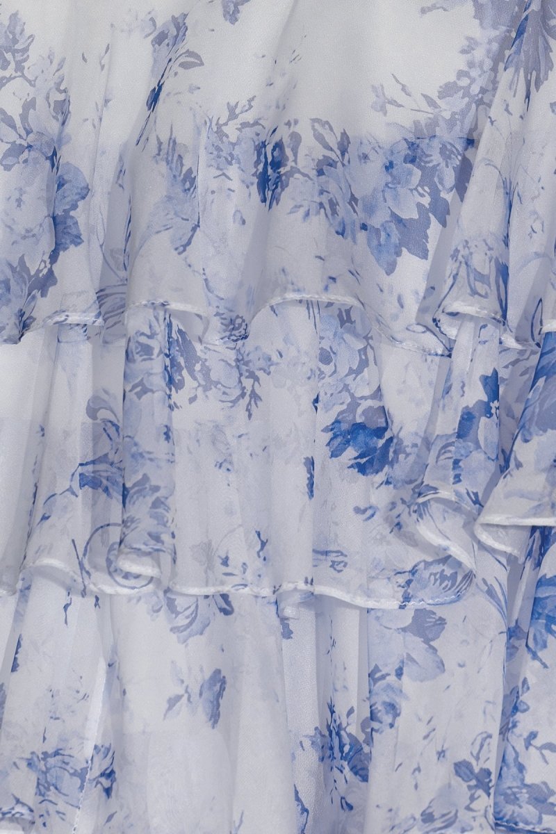 Blue Sweetheart A Line Floral Chiffon Ruffled Wedding Guest Dress With Appliques - Curvevia