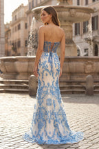 Blue Strapless Mermaid Lace Long Prom Dresses With Beading - Curvevia