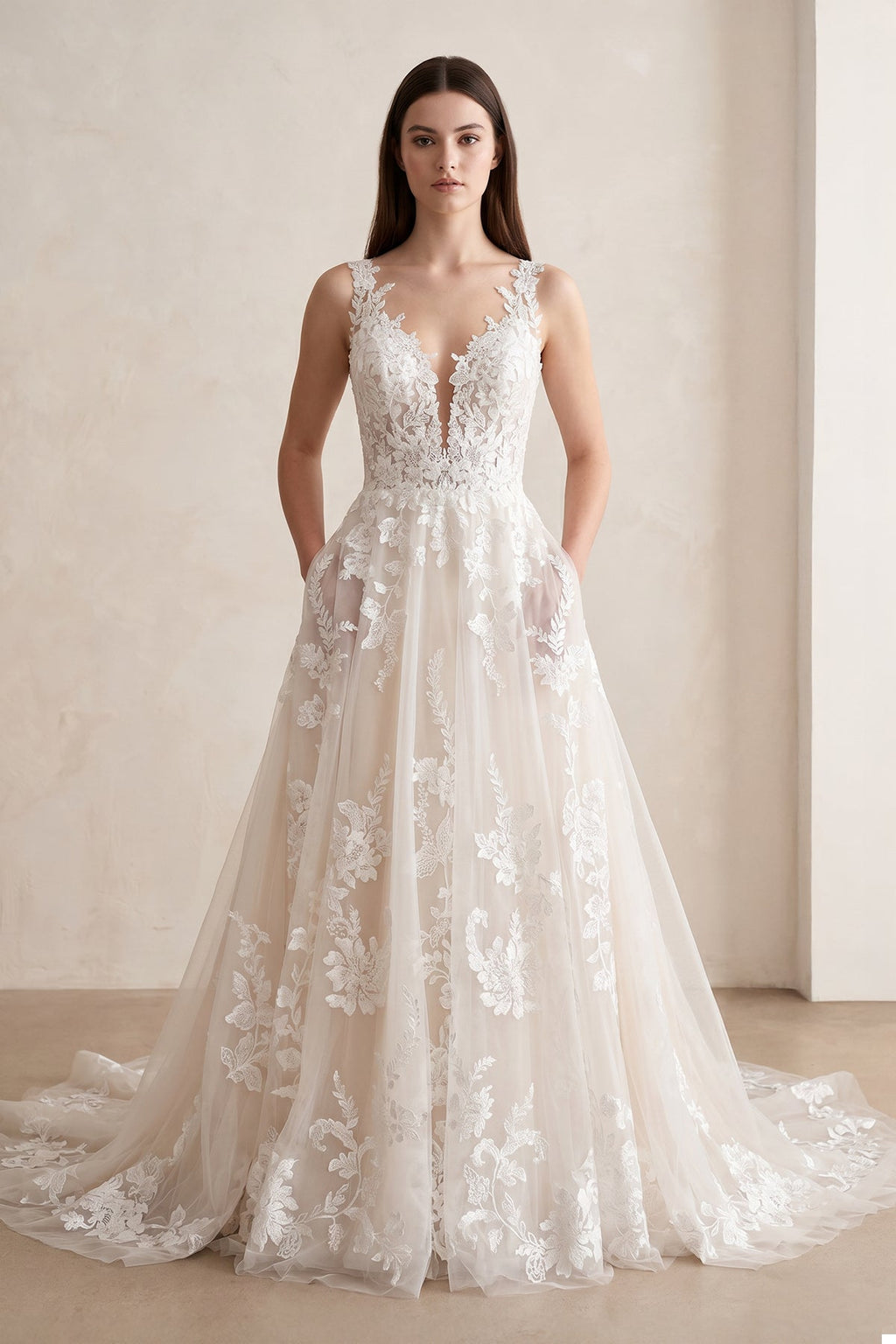 Ivory V-Neck A-Line Tulle Wedding Dress with Pockets - Curvevia