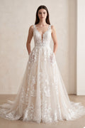 Ivory V-Neck A-Line Tulle Wedding Dress with Pockets - Curvevia