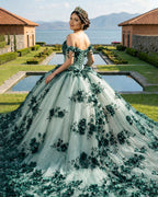 Green Ball Gown Off The Shoulder 3D Flowers Beads Applique Quinceanera Dresses - Curvevia