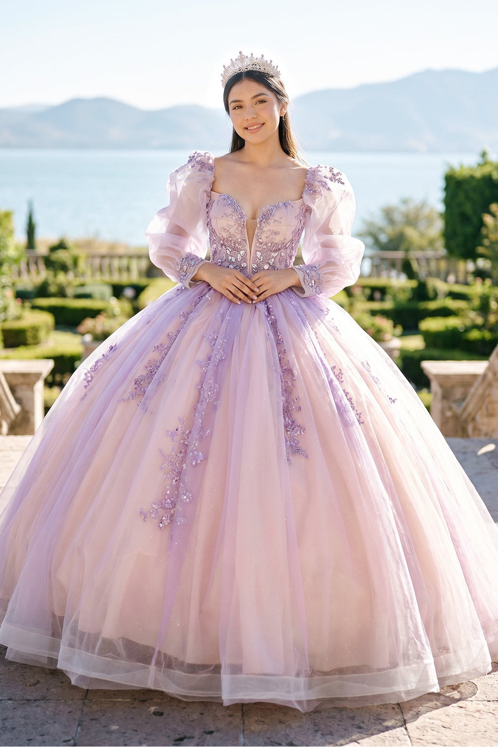 Pink Ball-Gown Tulle Long-Sleeve Quinceanera Dress - Curvevia